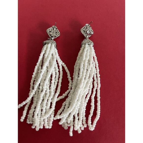 BCBG MaxAzria dangle white Seed beaded Tassel earrings with silver/cz . NWOT - Picture 7 of 15